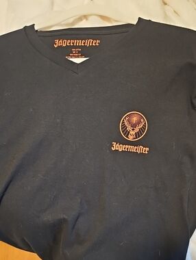 Jagermeister Black V Neck Tee with Orange Crest and Logo